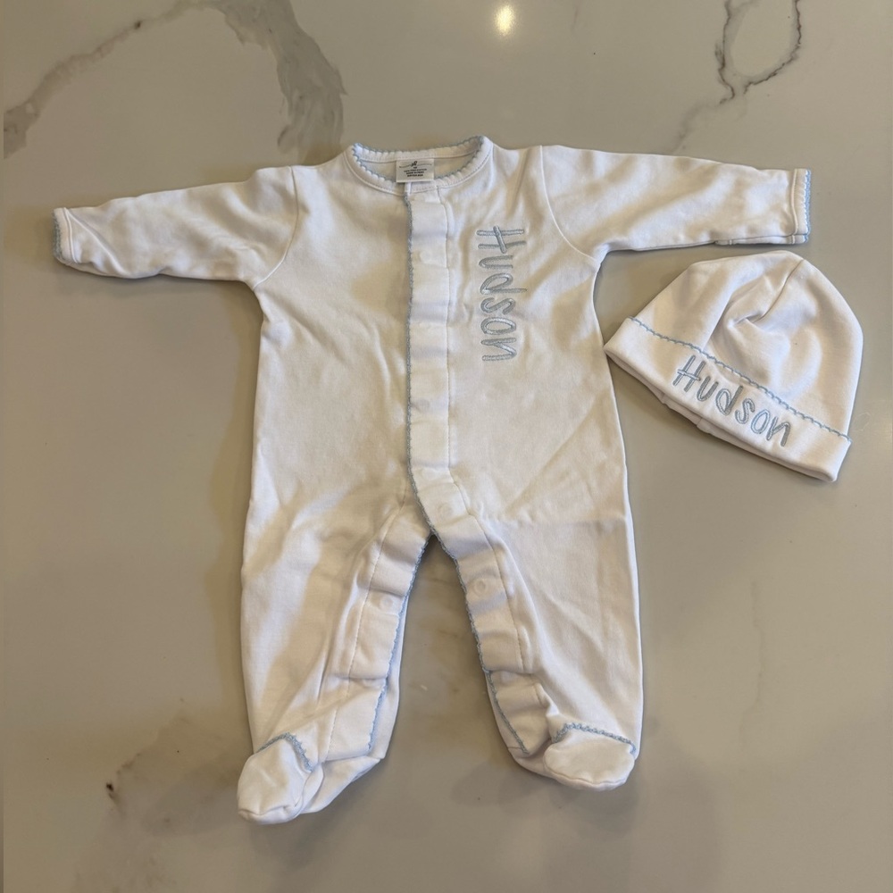Embroidered Hudson Newborn Onesie and Beanie Hat